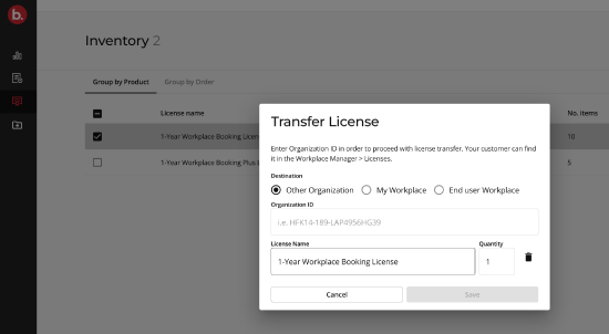 Transfer a license screen